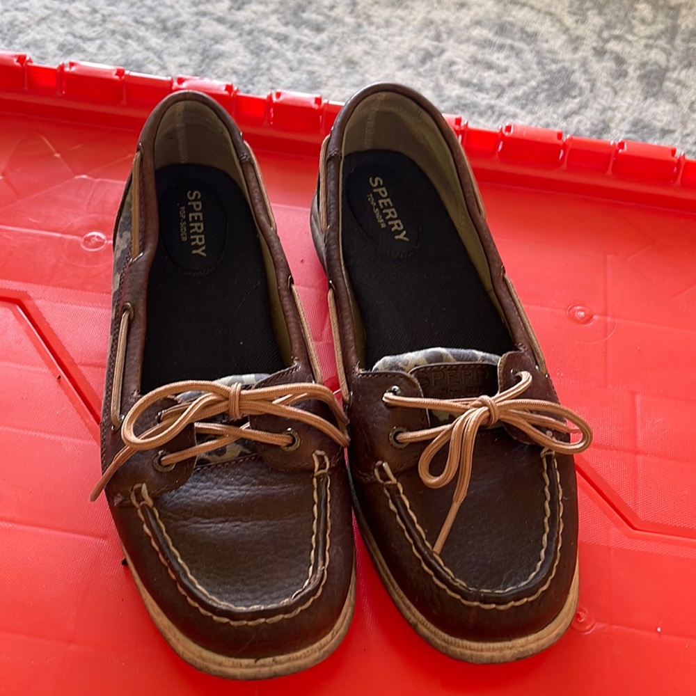 Sperry shoes.  Brown and camo
